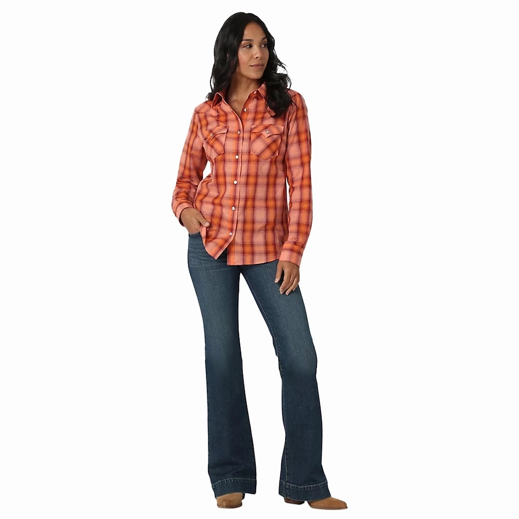 Wrangler Women's Orange Plaid Pearl Snap Long Sleeve Adjustable Hem Toggles Ribbed Collar Style