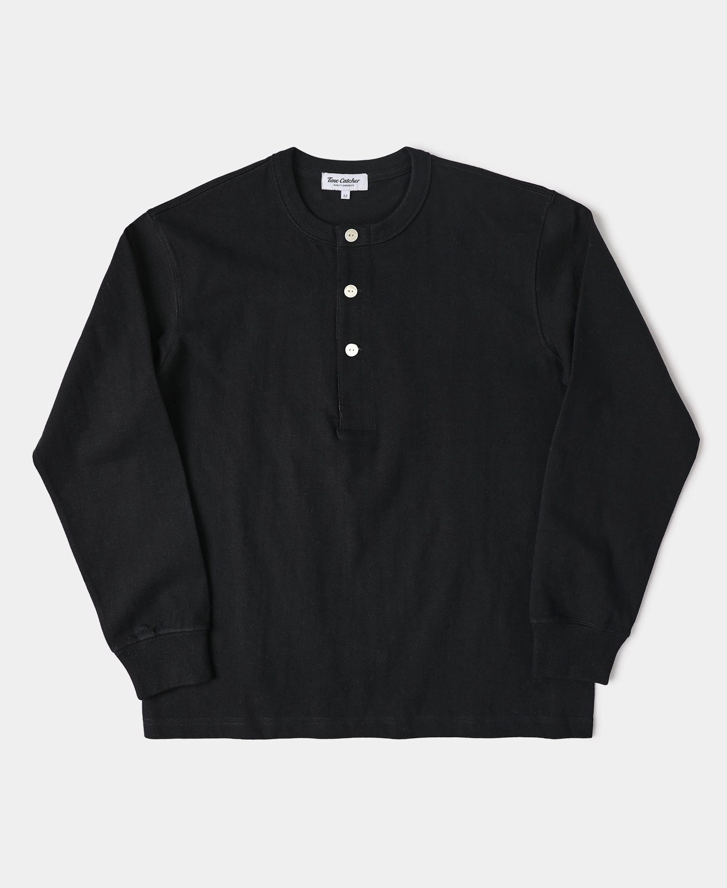 All-Season Comfort Wear Spring Freshness 1930s 10.5 oz Cotton Loopwheel Tubular Henley Shirt - Black