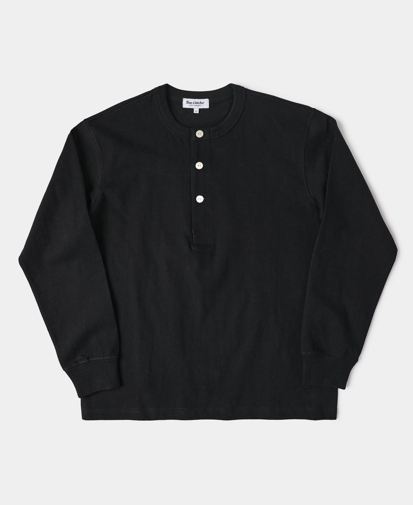 Heather Texture Finish 1930s 10.5 oz Cotton Loopwheel Tubular Henley Shirt - Black