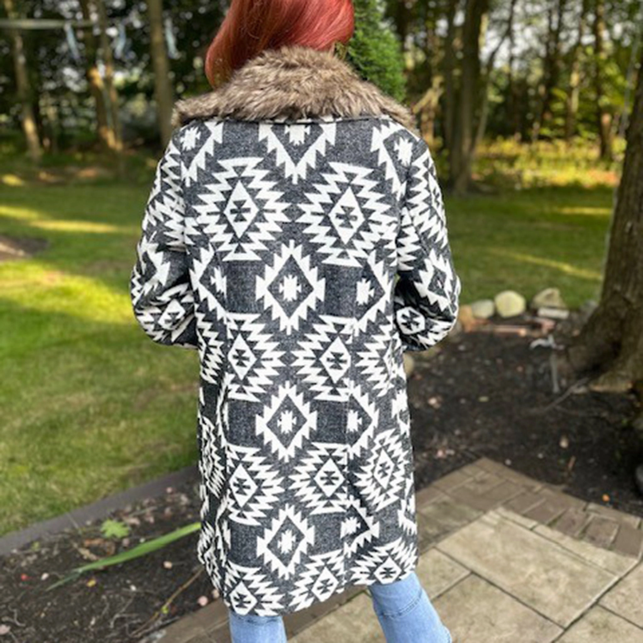 MontanaCo Women's Aztec Fur Collar Long Coat Anti Pilling Textile