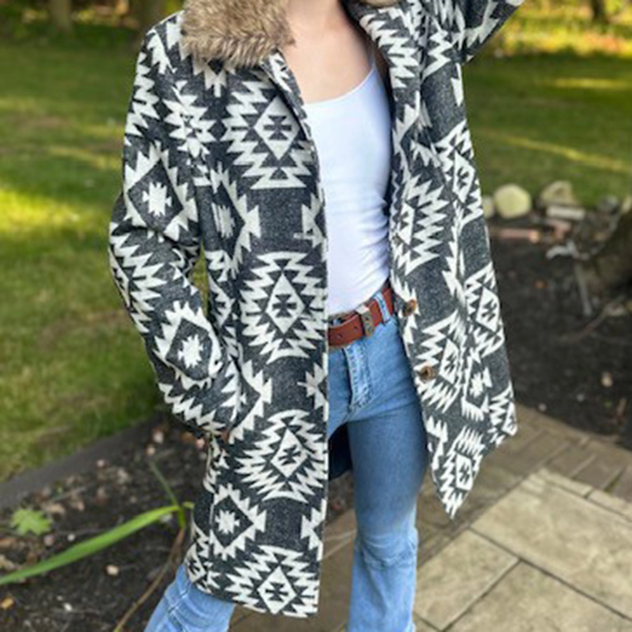 MontanaCo Women's Aztec Fur Collar Long Coat Airtight Fasteners