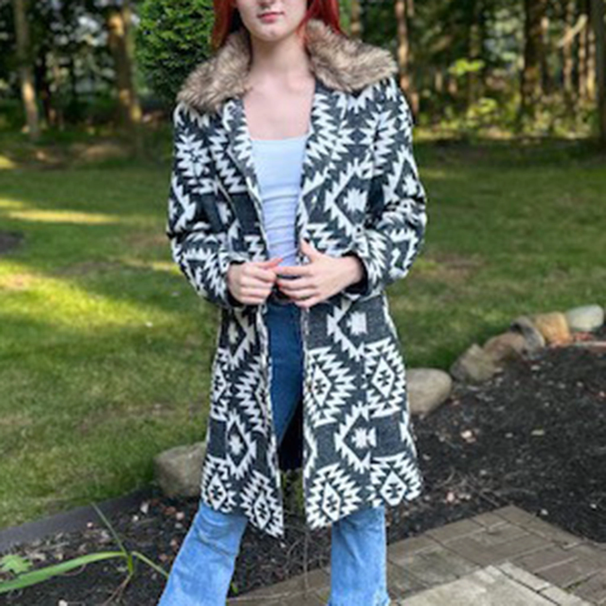 Durable AbrasionResistant Panels Hidden Storage Compartments MontanaCo Women's Aztec Fur Collar Long Coat