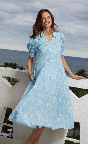 Romantic Soft Modest Cut Montauk Dress - Light Blue Elephants And Palm Trees