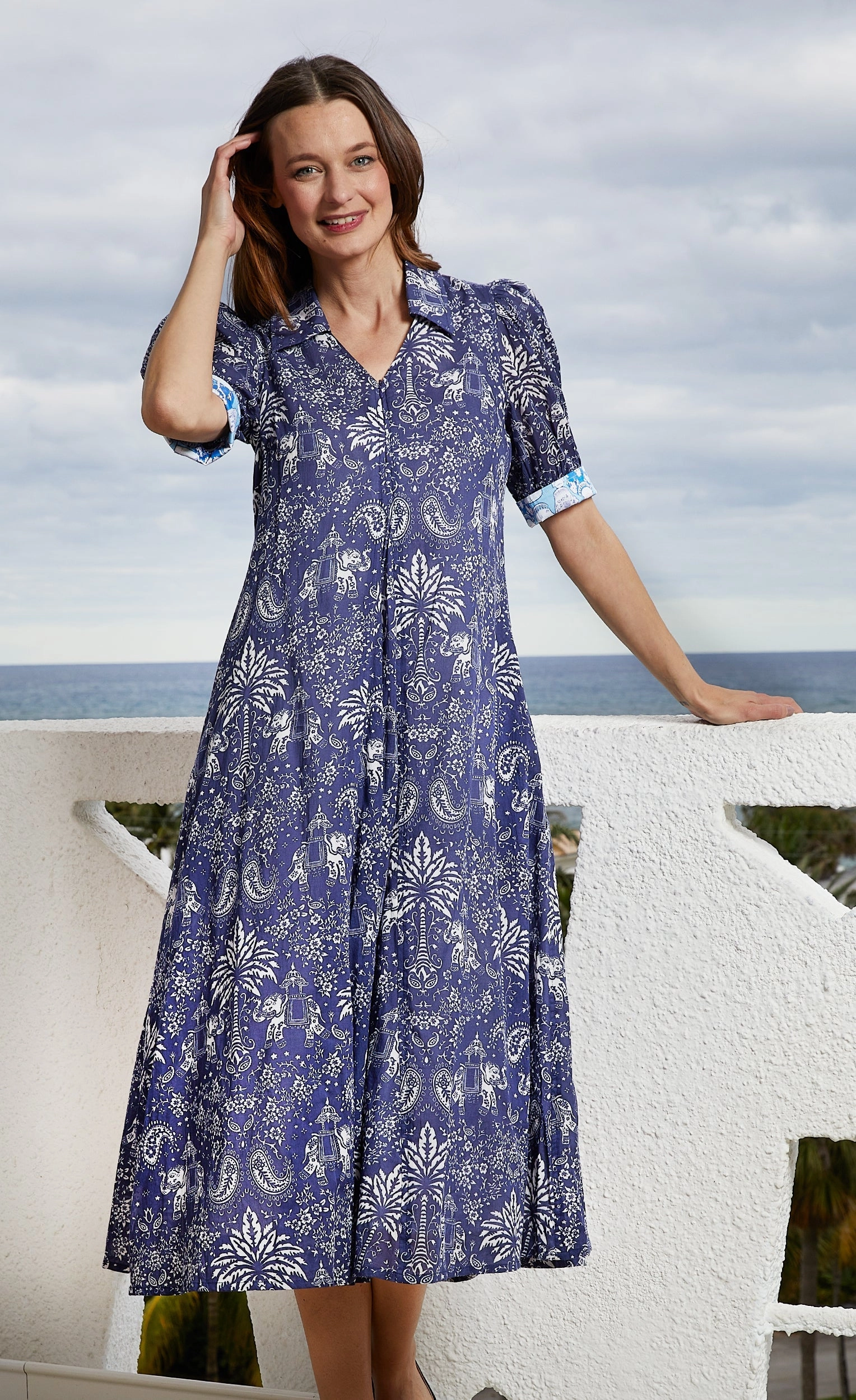 Leg-Lengthening Fashion Option Montauk Dress - Navy Elephants And Palm Trees