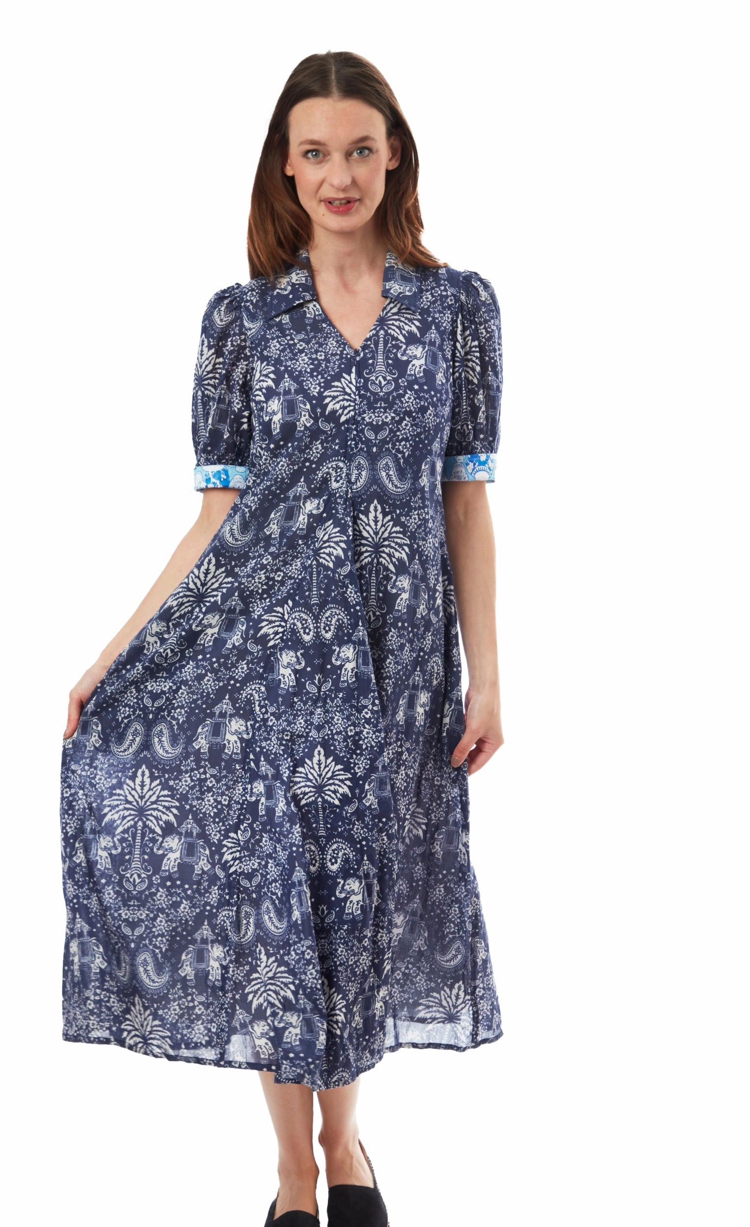 Montauk Dress - Navy Elephants And Palm Trees Modern Soft Delicate Details