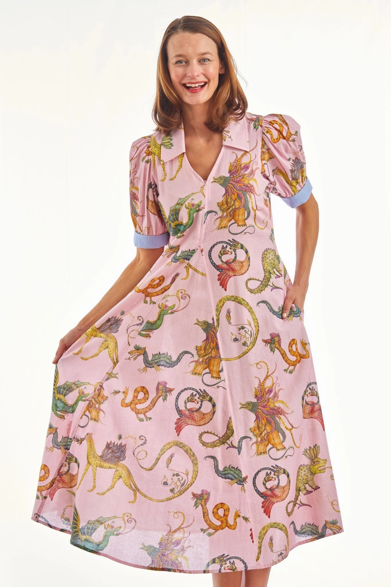 Montauk Dress - Pink With Mythical Creatures Calm Drape Comfort and Elegance