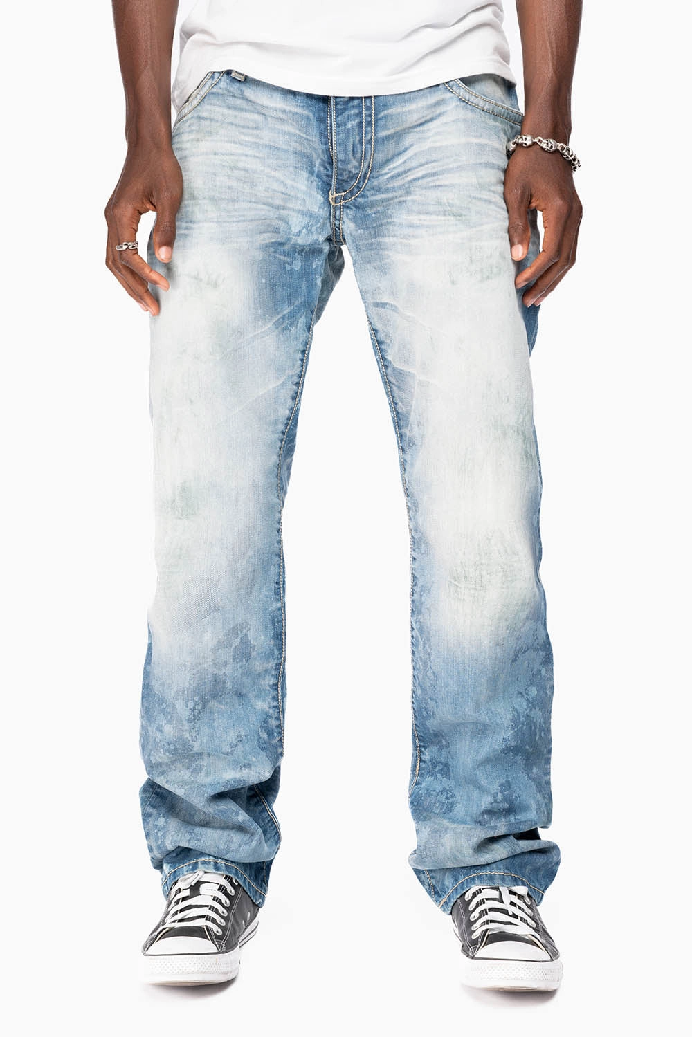 ROBIN'S LIMITED EDITION JEANS IN VINTAGE  AQUARAMA EMBELLISHED WITH  LEATHER,CRYSTALS AND STUDS Softened Texture Outdoor Adventure Party Look Youth Style