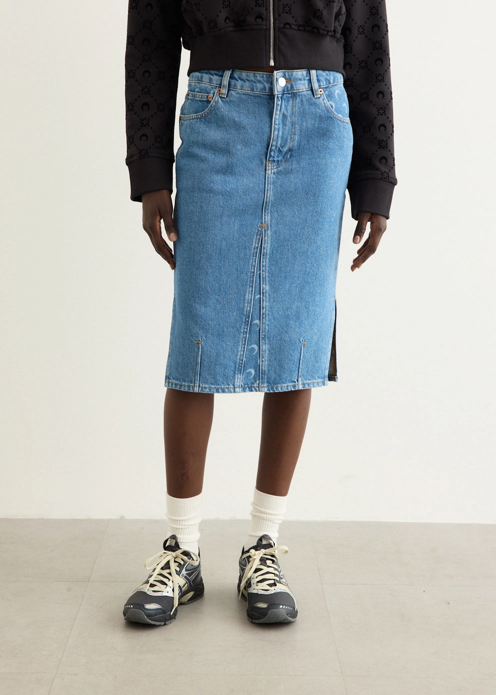 Moon Laser Denim Knee Length Skirt Classic Mood Fold Over Detail