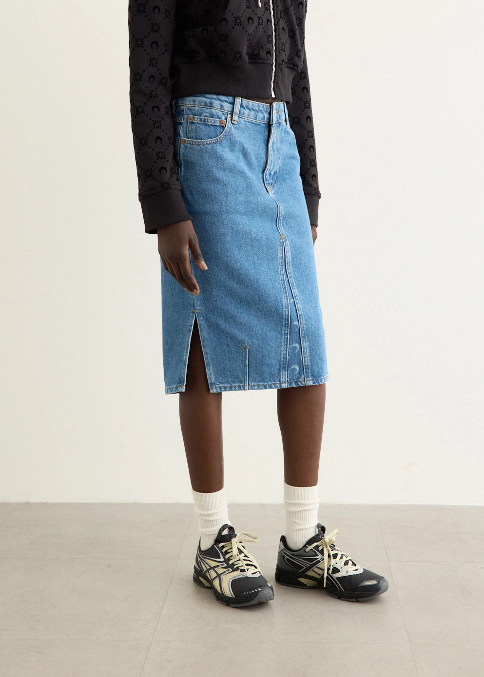 Moon Laser Denim Knee Length Skirt Couture Inspired Wrap style