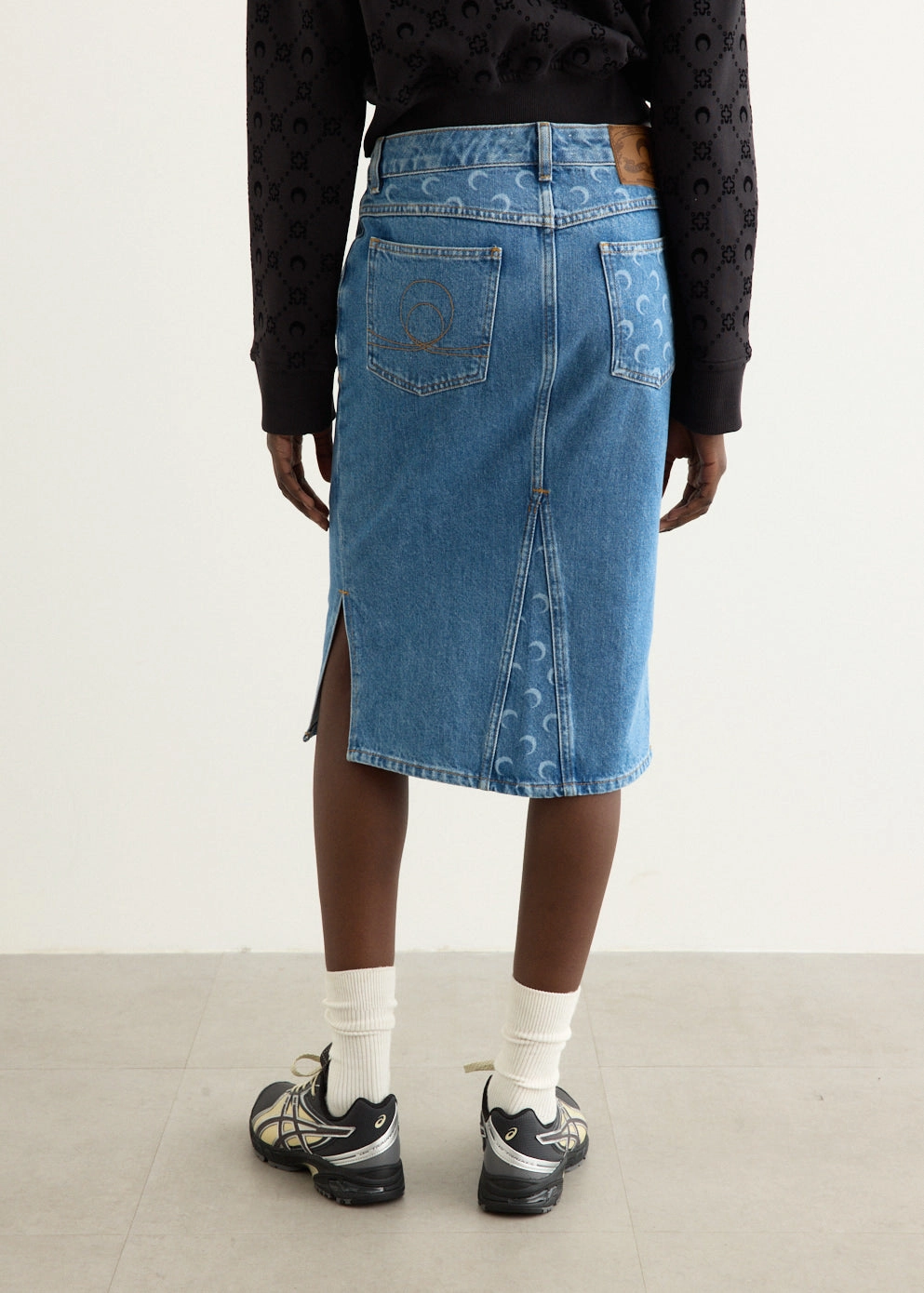 Moon Laser Denim Knee Length Skirt Trend Ready Layered Structure