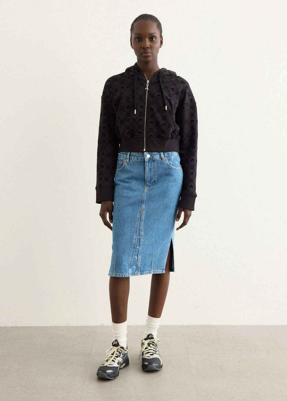 Moon Laser Denim Knee Length Skirt Date night Layer Combo