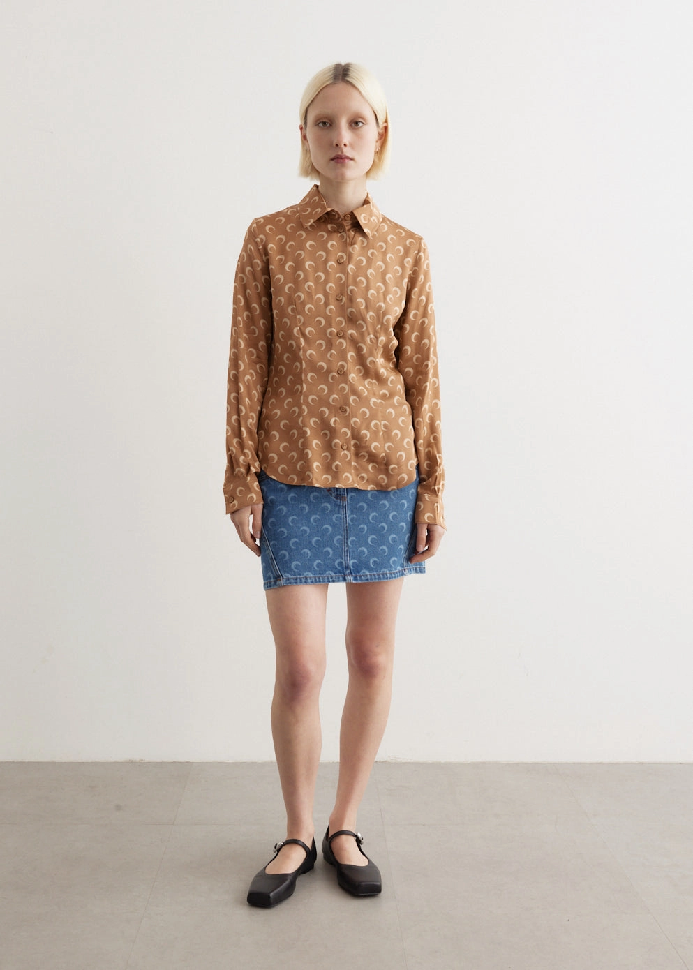 Moon Laser Denim Mini Skirt Smooth Feel