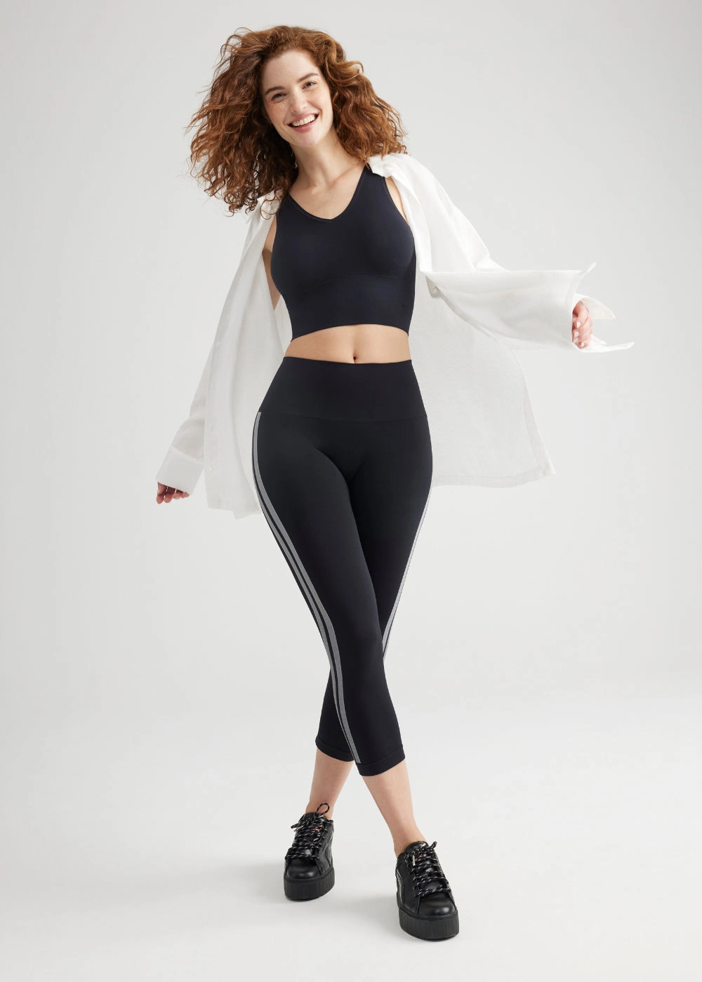 Shape Control Wear Moisture Wicking Technology Morgan Seamless Cropped Capri Shaping Legging - Black and White Stripe