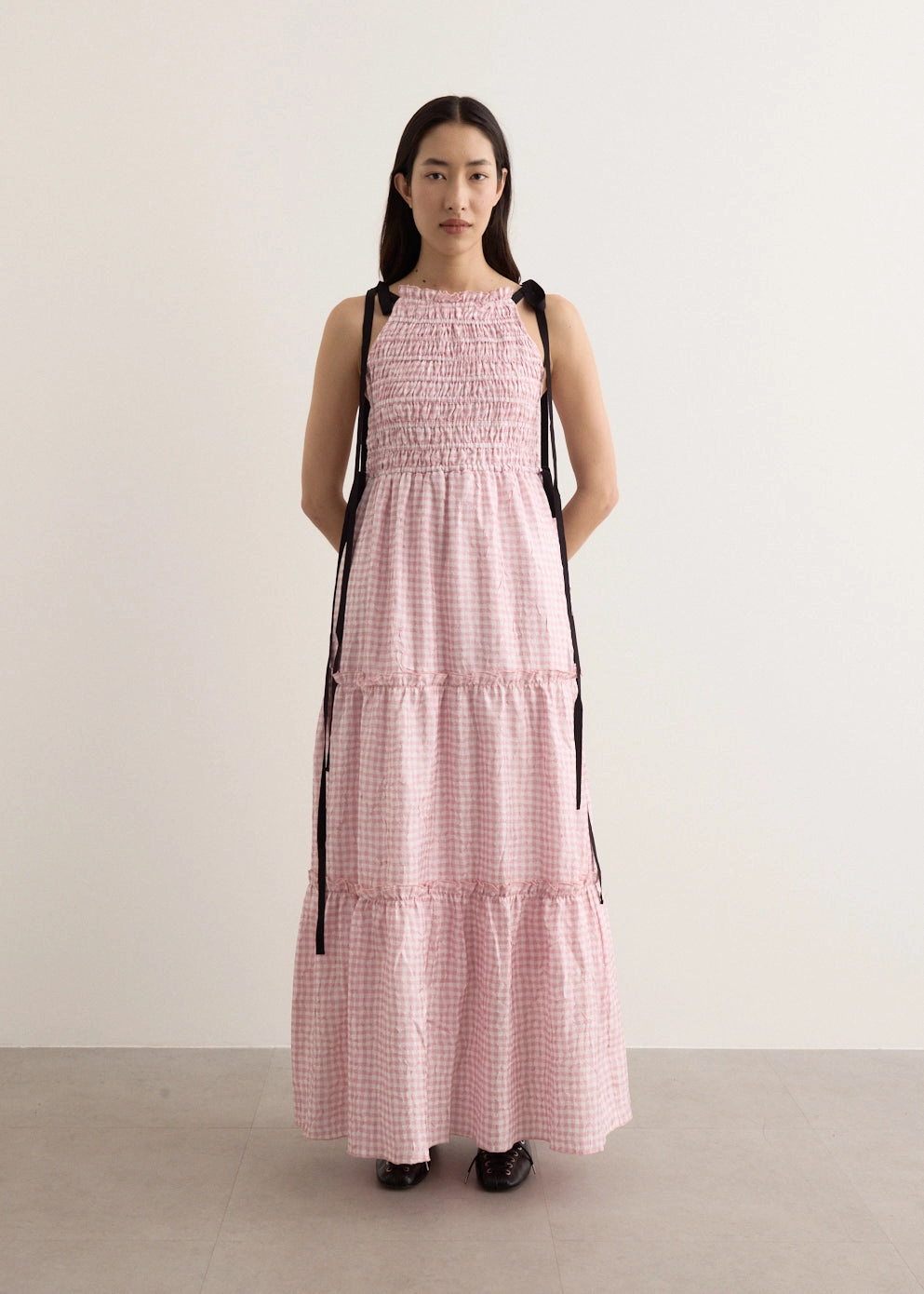 Off-Shoulder Shibori Pleat Maxi Smock Slip Dress