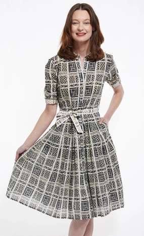 Mrs Maisel Dress - Black and Beige Wicker Print Soft color Halter-Neck