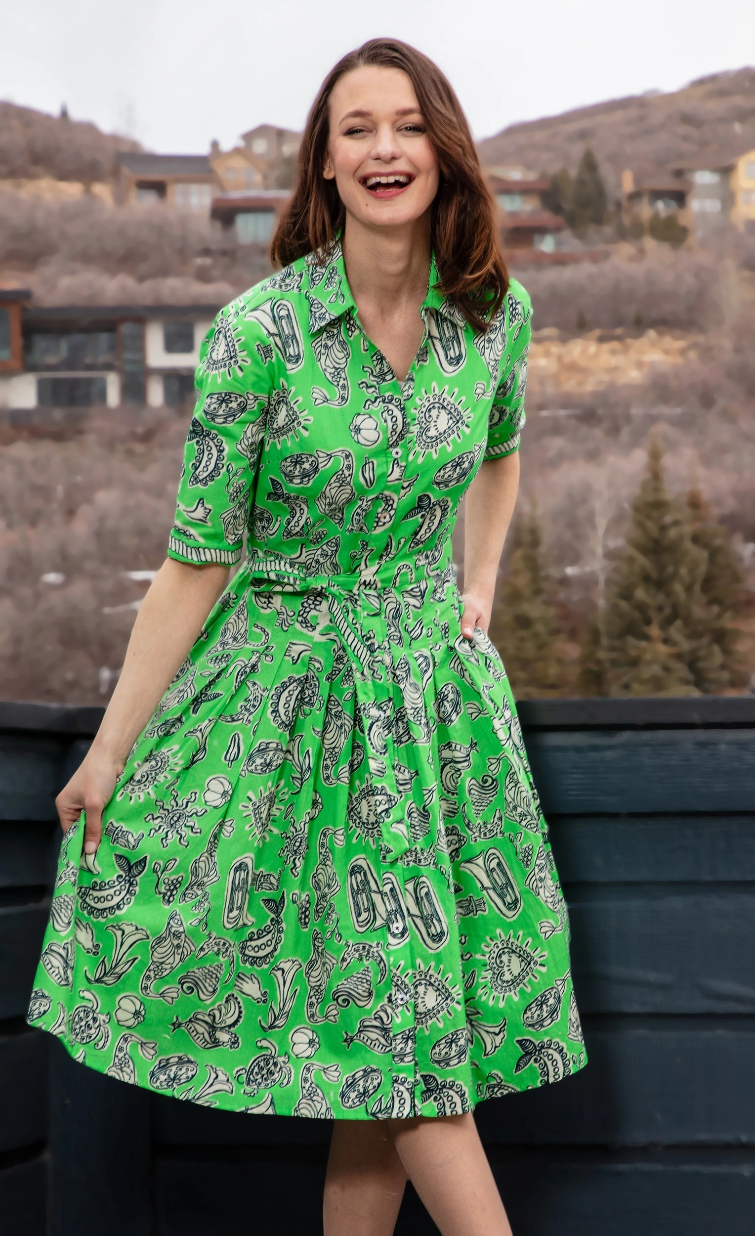 Mrs Maisel Dress - Green Black Whimsy Print Peplum-Style Cozy and Comfortable