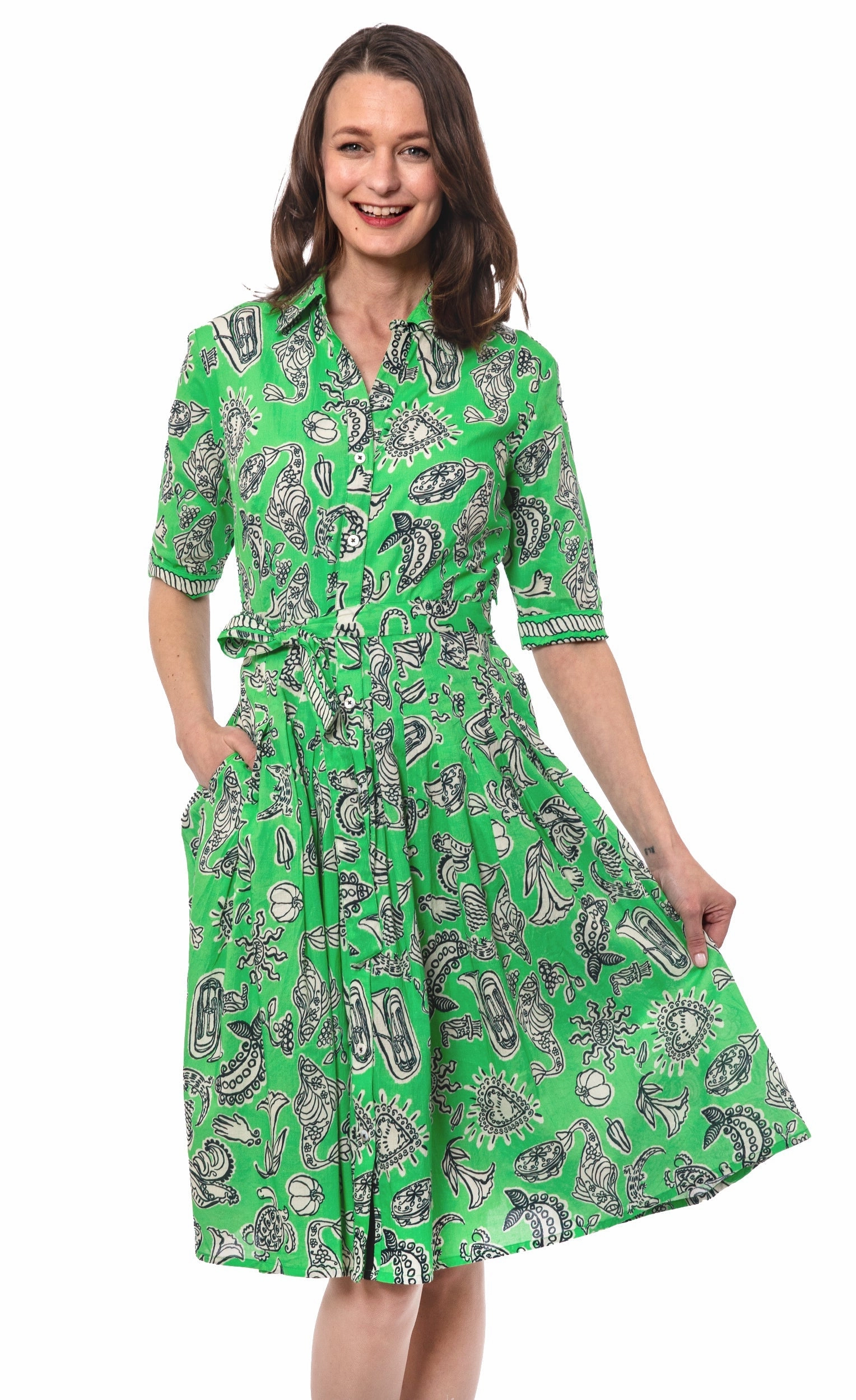 Mrs Maisel Dress - Green Black Whimsy Print Knit Cool Grace Glow
