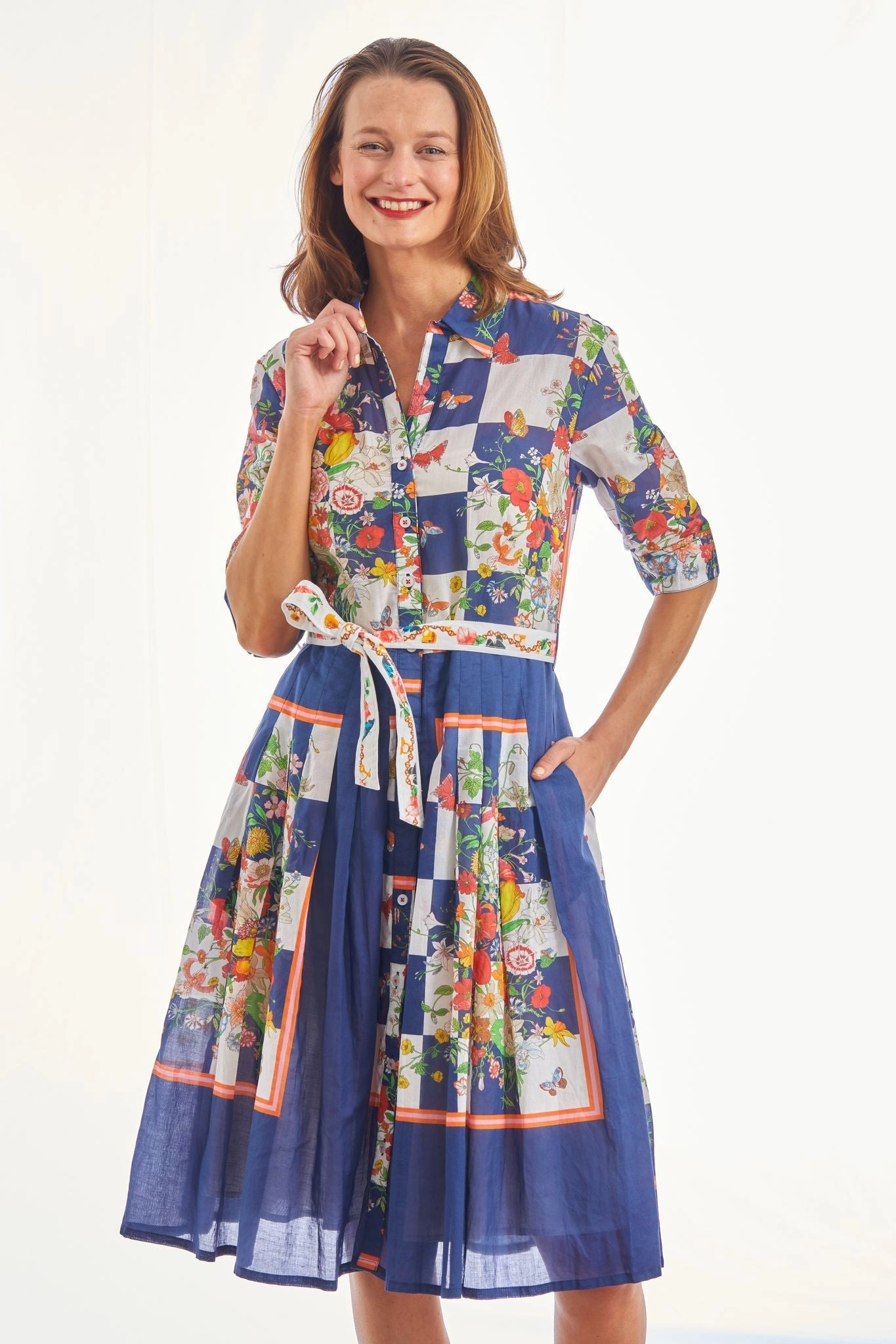 Floral design Smart and Chic Mrs Maisel Dress - Navy Box Print with Butterflies