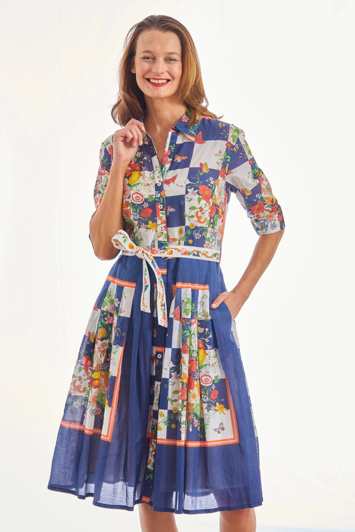 Mrs Maisel Dress - Navy Box Print with Butterflies Inner Glow Style Option