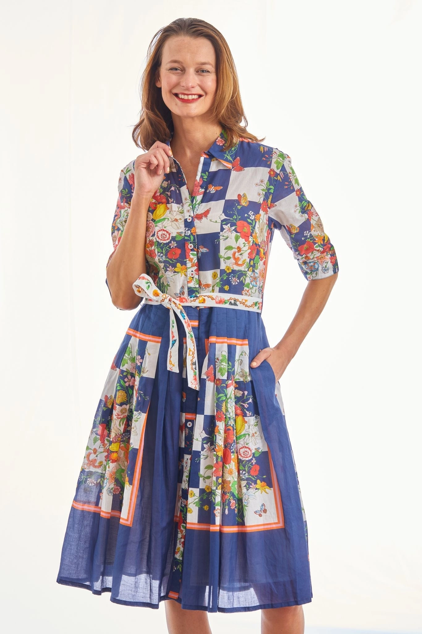 Mrs Maisel Dress - Navy Box Print with Butterflies Casual maxi dress