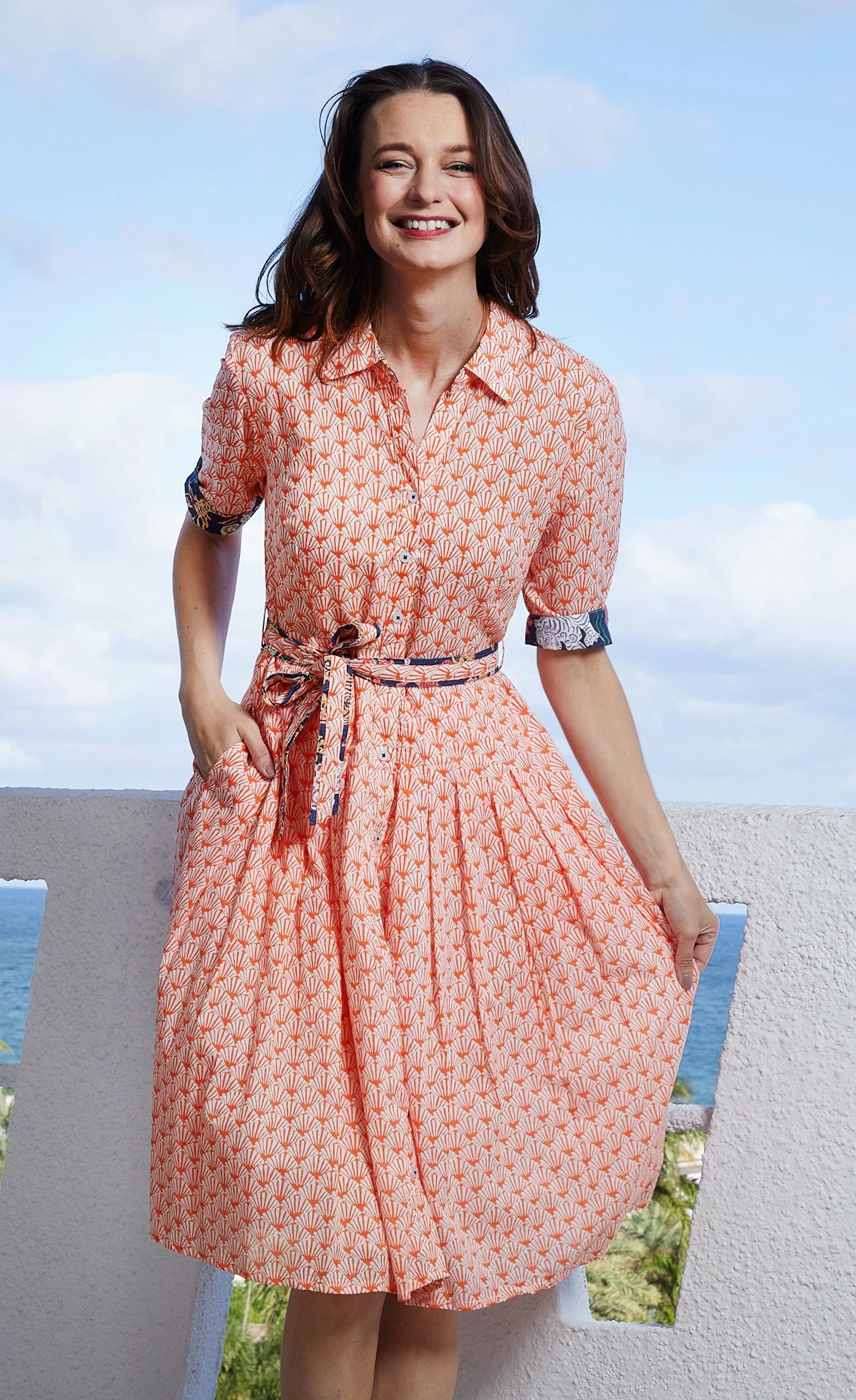 Mrs Maisel Dress - Orange And White Fan Print Basic Fashion