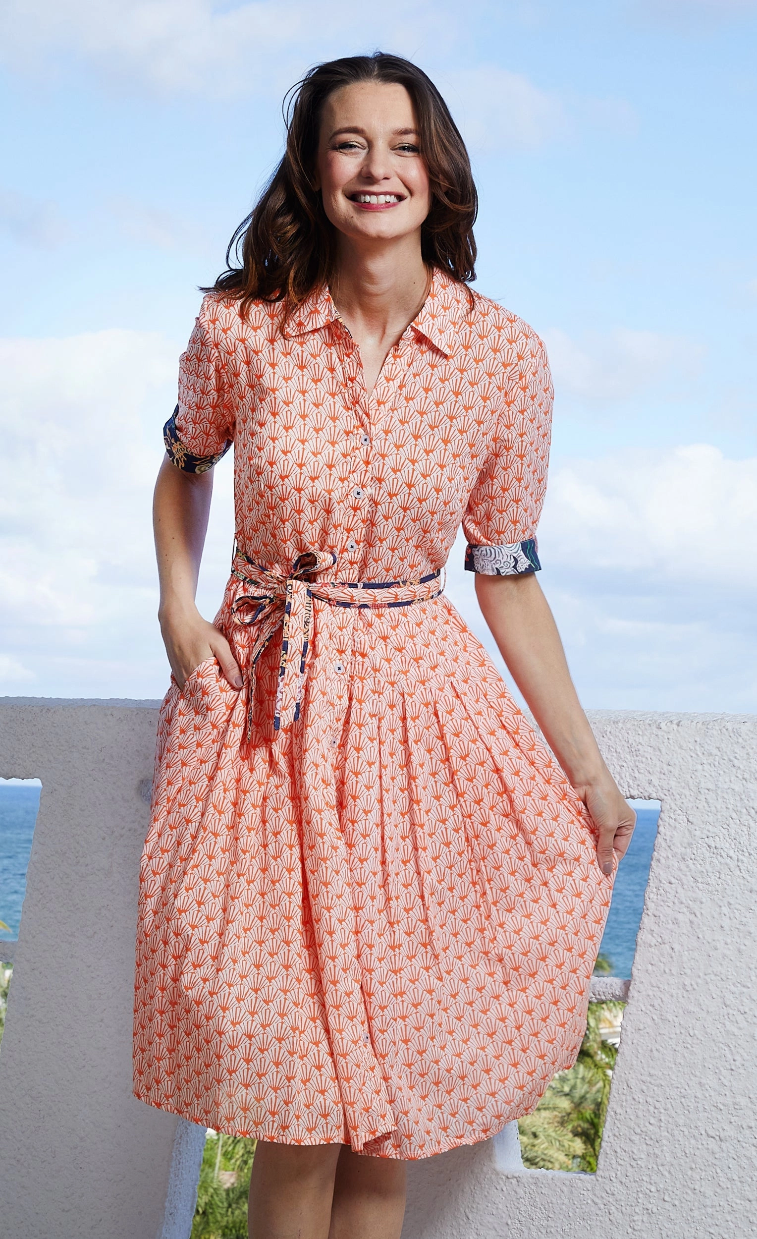 Blush Shade Mrs Maisel Dress - Orange And White Fan Print