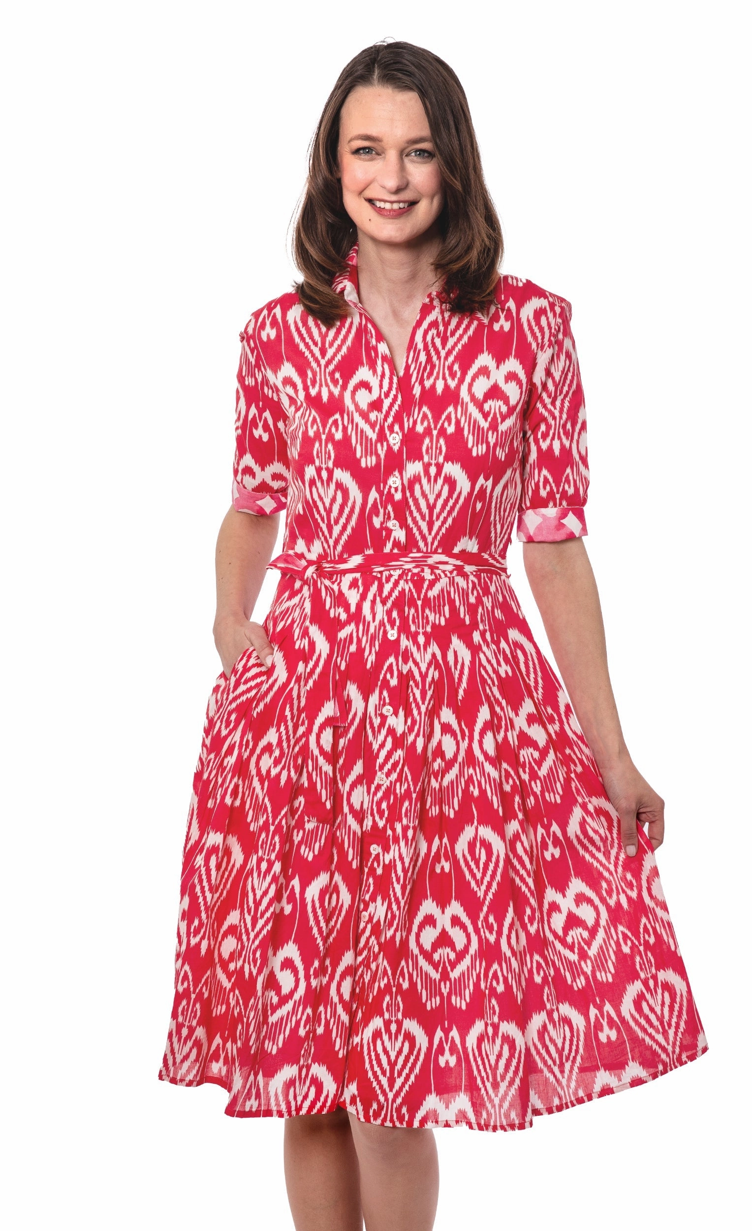 Convertible-Style Mrs Maisel Dress - Pink White Ikat