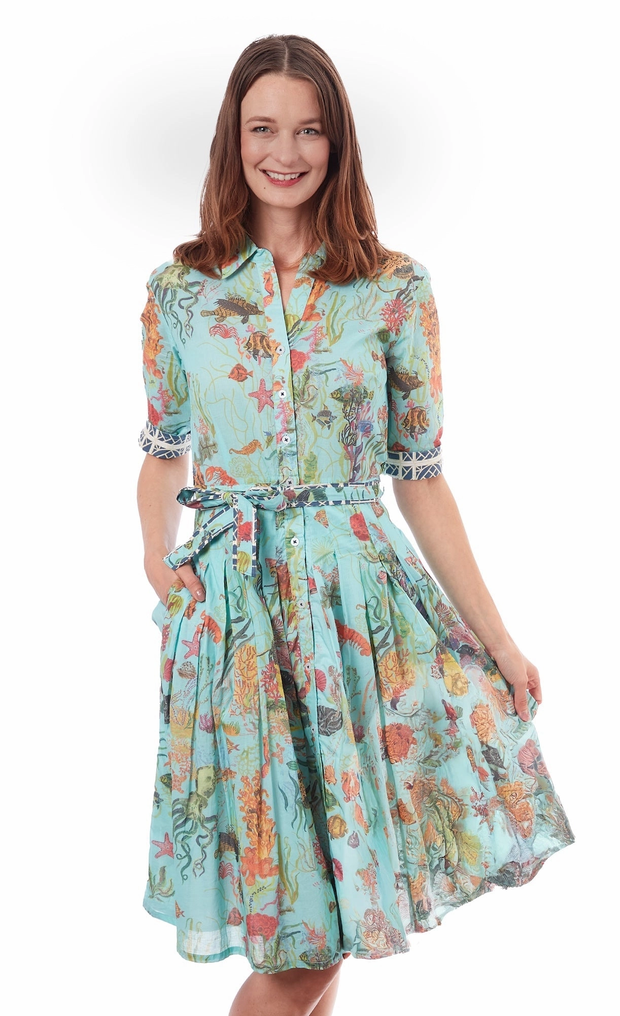 Vibrant Edge Feminine fit-and-flare silhouette Mrs Maisel Dress - Turquoise Ground Sealife Print