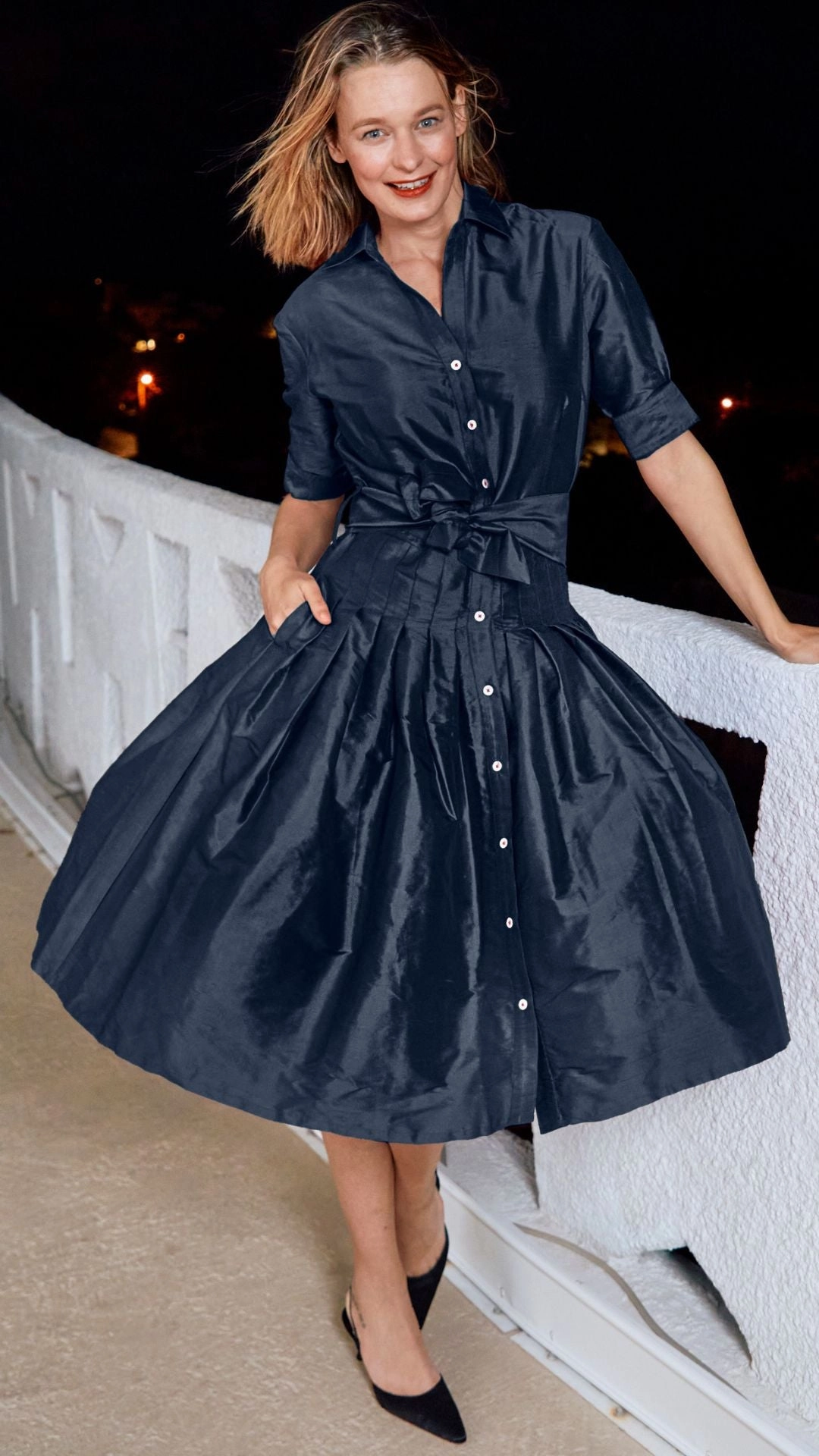 Relaxed Fit Mrs Maisel Silk Dress -  Navy