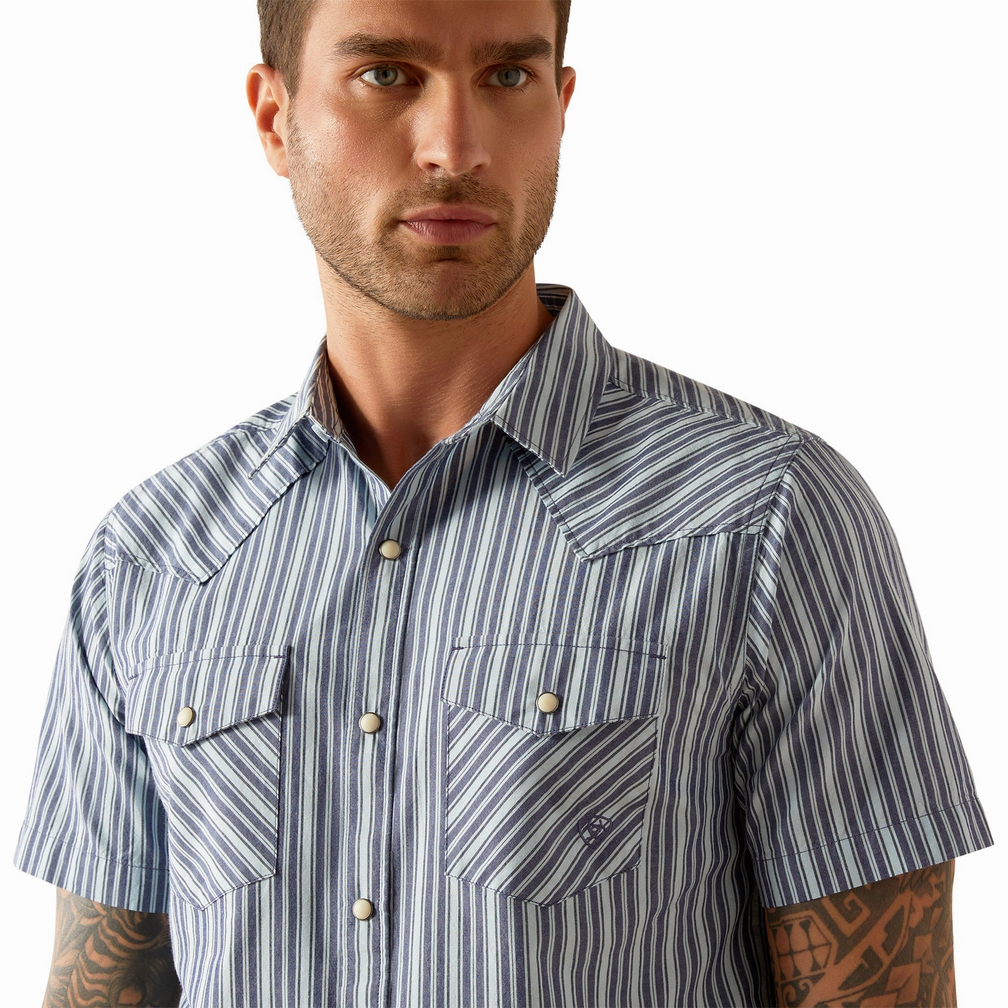Stretchable Material Ariat Men's Blue Striped Short Sleeve Shirt