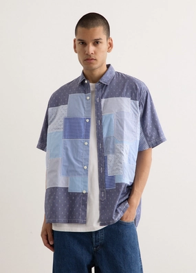 Multi Fabrics Patchwork Shortsleeve Shirt Formal Elegance Breathable Cotton