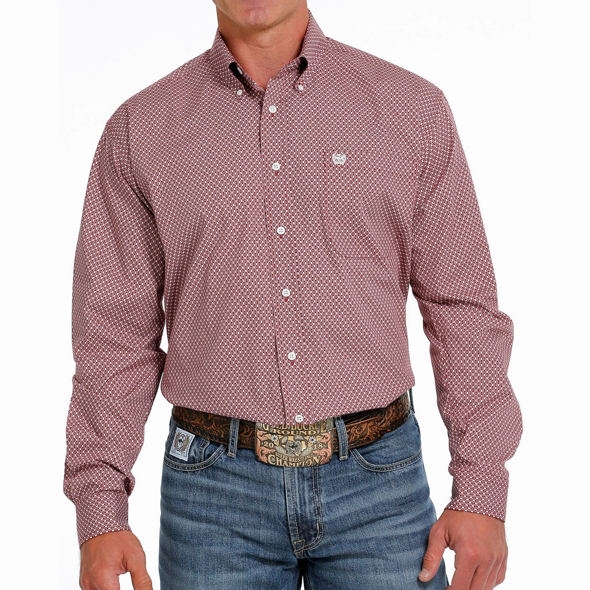 Seasonal Fashion Cinch Men's Red & Cream Geo Print Shirt