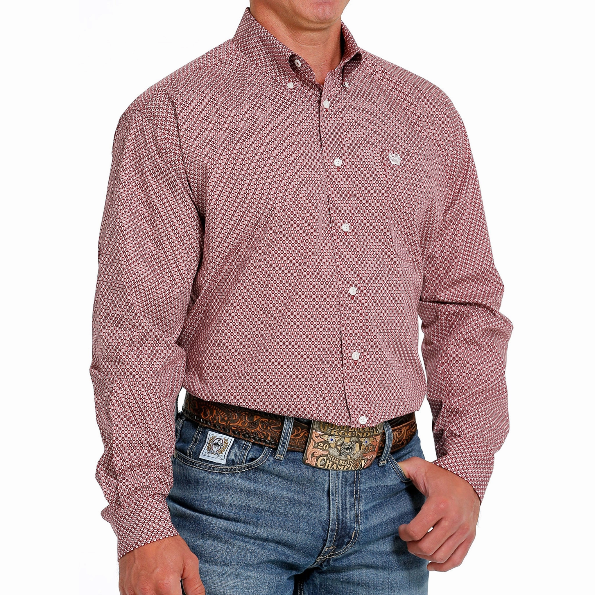 Cinch Men's Red & Cream Geo Print Shirt Floral Motif Non Irritating Seams