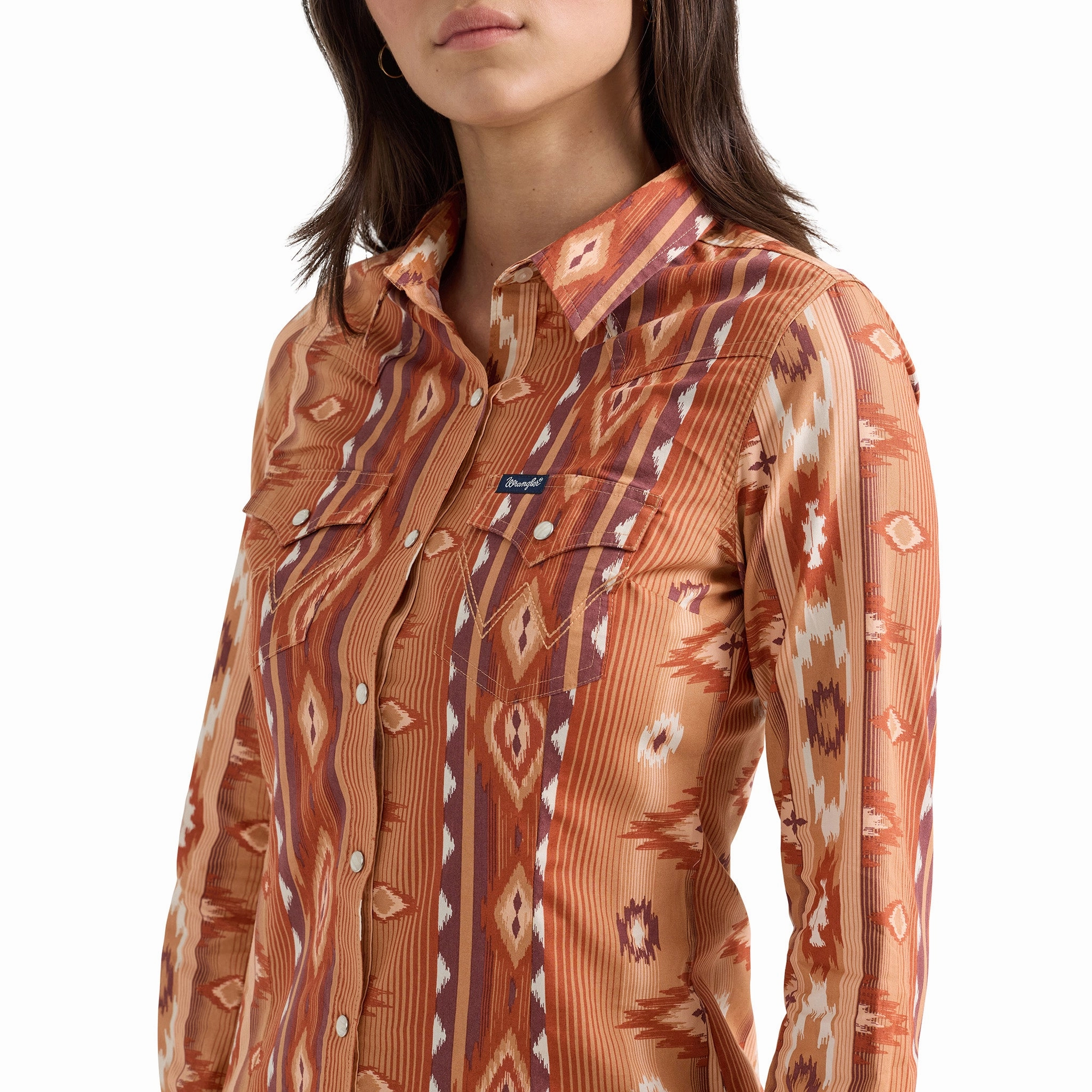 Adjustable Cuff System Rolled Hem Finish Wrangler Women's Rust & Orange Aztec Shirt