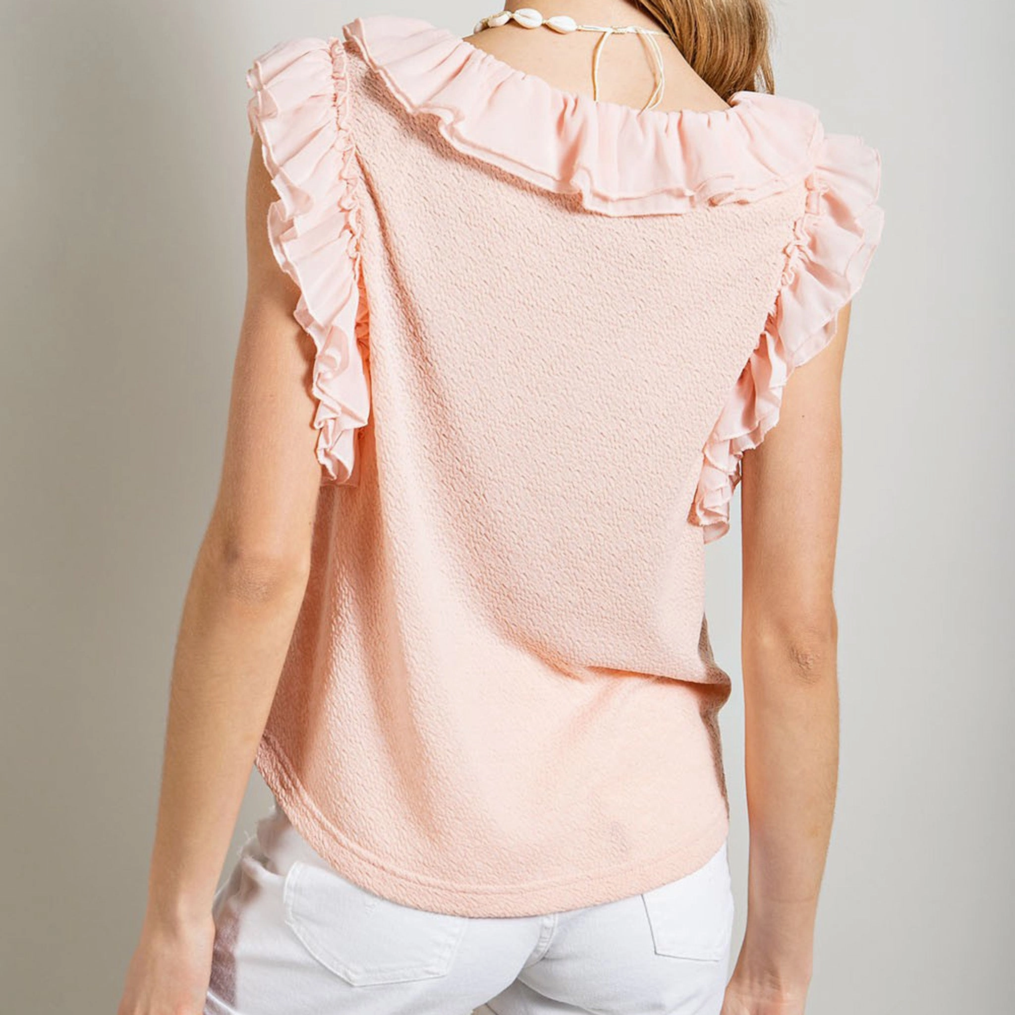 Breathable Underarm Gussets Gigio USA Women's Blush Ruffle V-Neck Tank