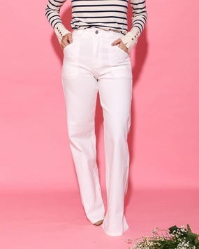 Patch Pocket Wide Leg Flares in White Streetwear Fan Evening Stroll Elegant