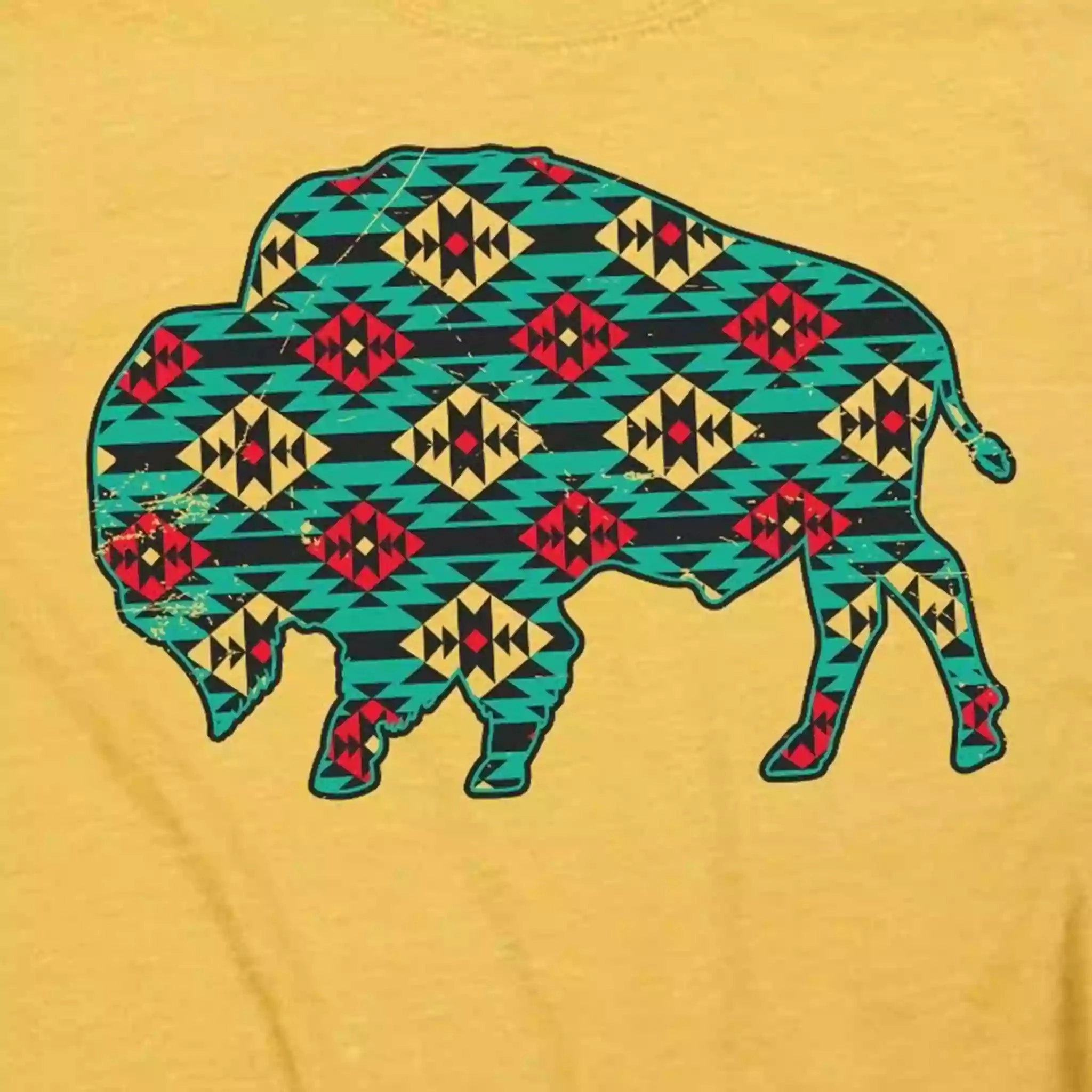 Mustard with Turquoise Aztec Buffalo Graphic Tee VersatileNeckline