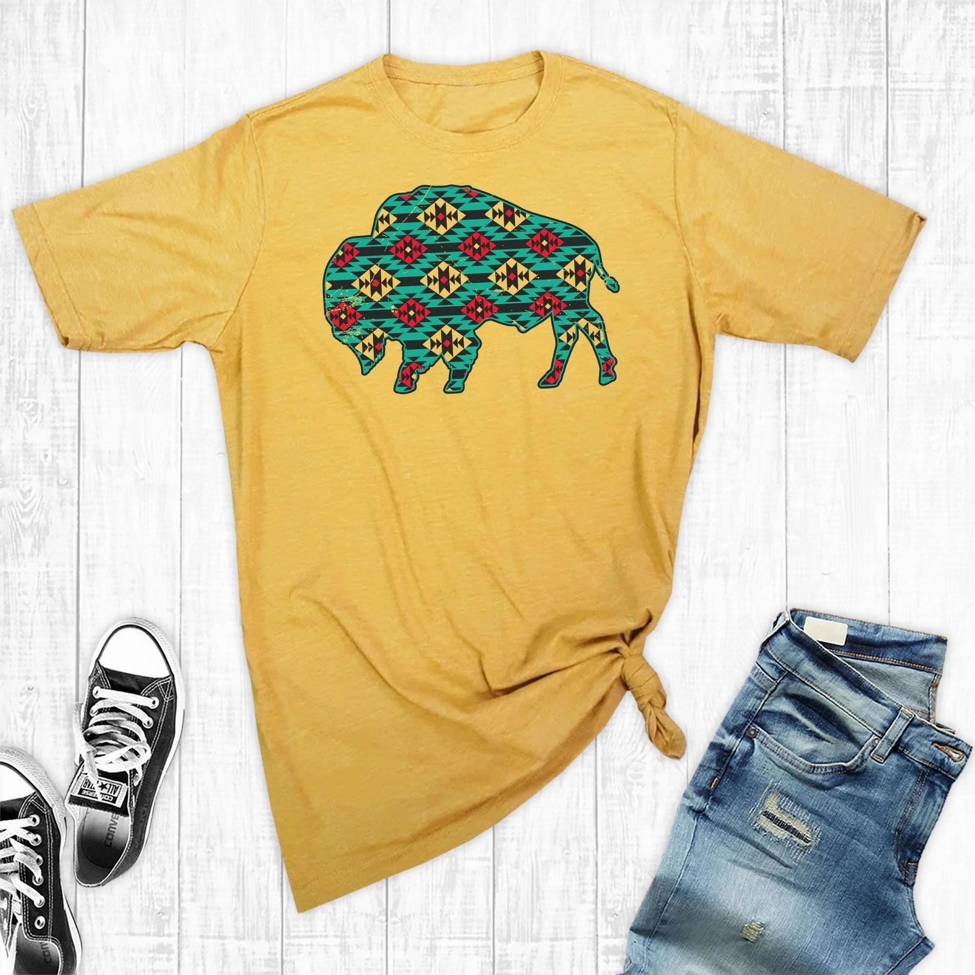 Mustard with Turquoise Aztec Buffalo Graphic Tee WrinkleResistant Cloth Printed top