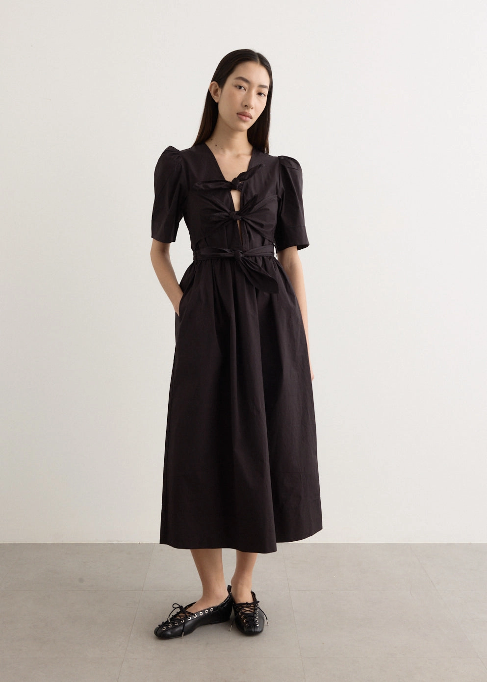 Stretch Cotton Tie Strap Midi Dress Lace Detail Timeless Layer