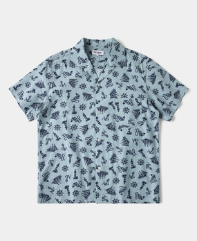 Anti Static Fabric Sleepwear Nautical Printed Seersucker Short Sleeve Camp Shirt - Light Blue