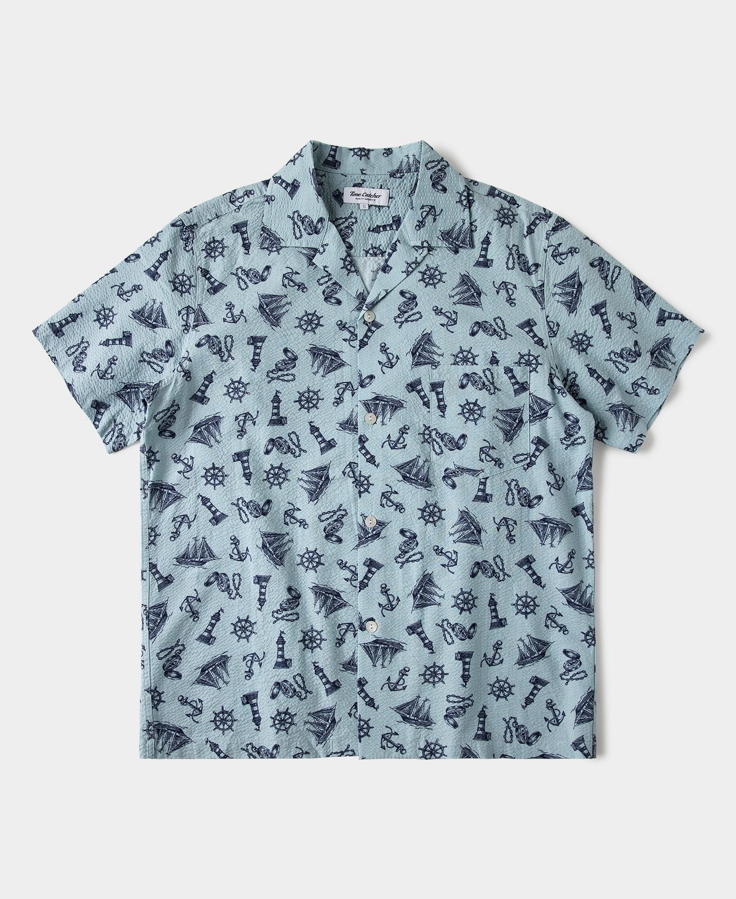 Thermoregulating Layer Nautical Printed Seersucker Short Sleeve Camp Shirt - Light Blue