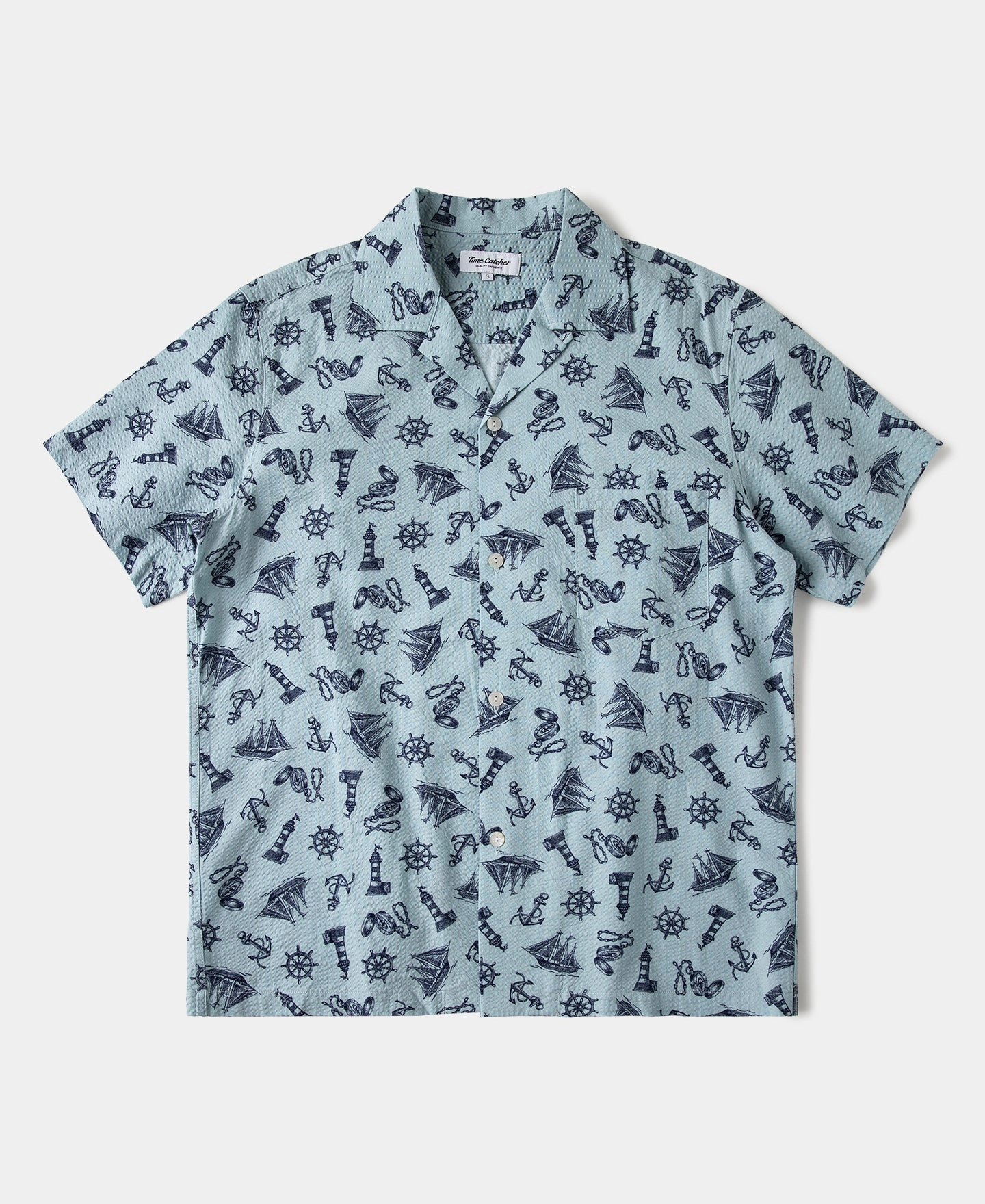 Mature appeal Eco-Friendly Fabric Nautical Printed Seersucker Short Sleeve Camp Shirt - Light Blue