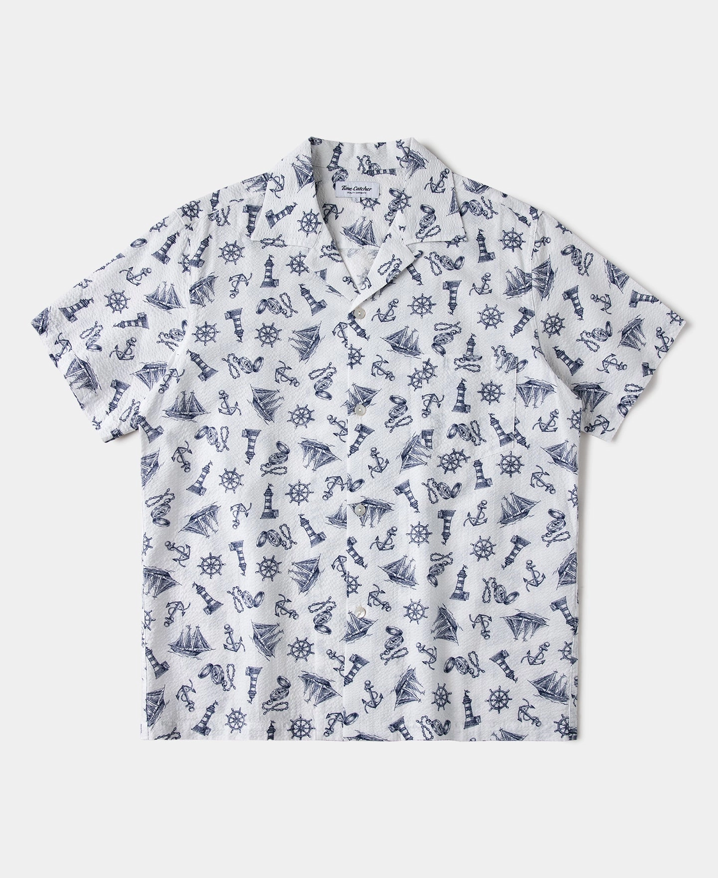 Nautical Printed Seersucker Short Sleeve Camp Shirt - White Striped style Outdoor Adventure