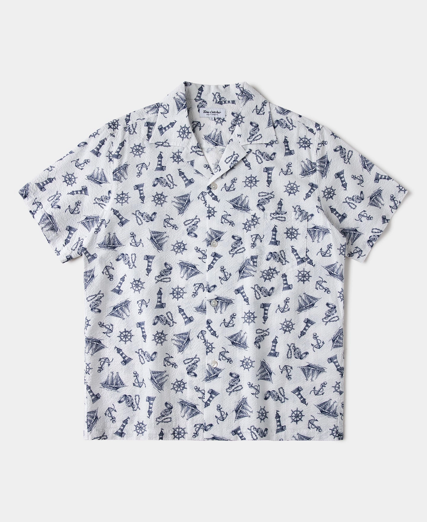 Nautical Printed Seersucker Short Sleeve Camp Shirt - White Urban Fashion Matte Look