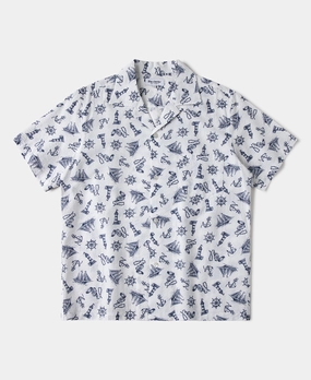 Nautical Printed Seersucker Short Sleeve Camp Shirt - White Urban Fashion Matte Look