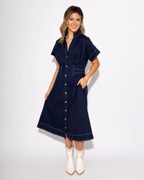 Smooth Surface Navy Cinched Waist Button-Down Midi Dress