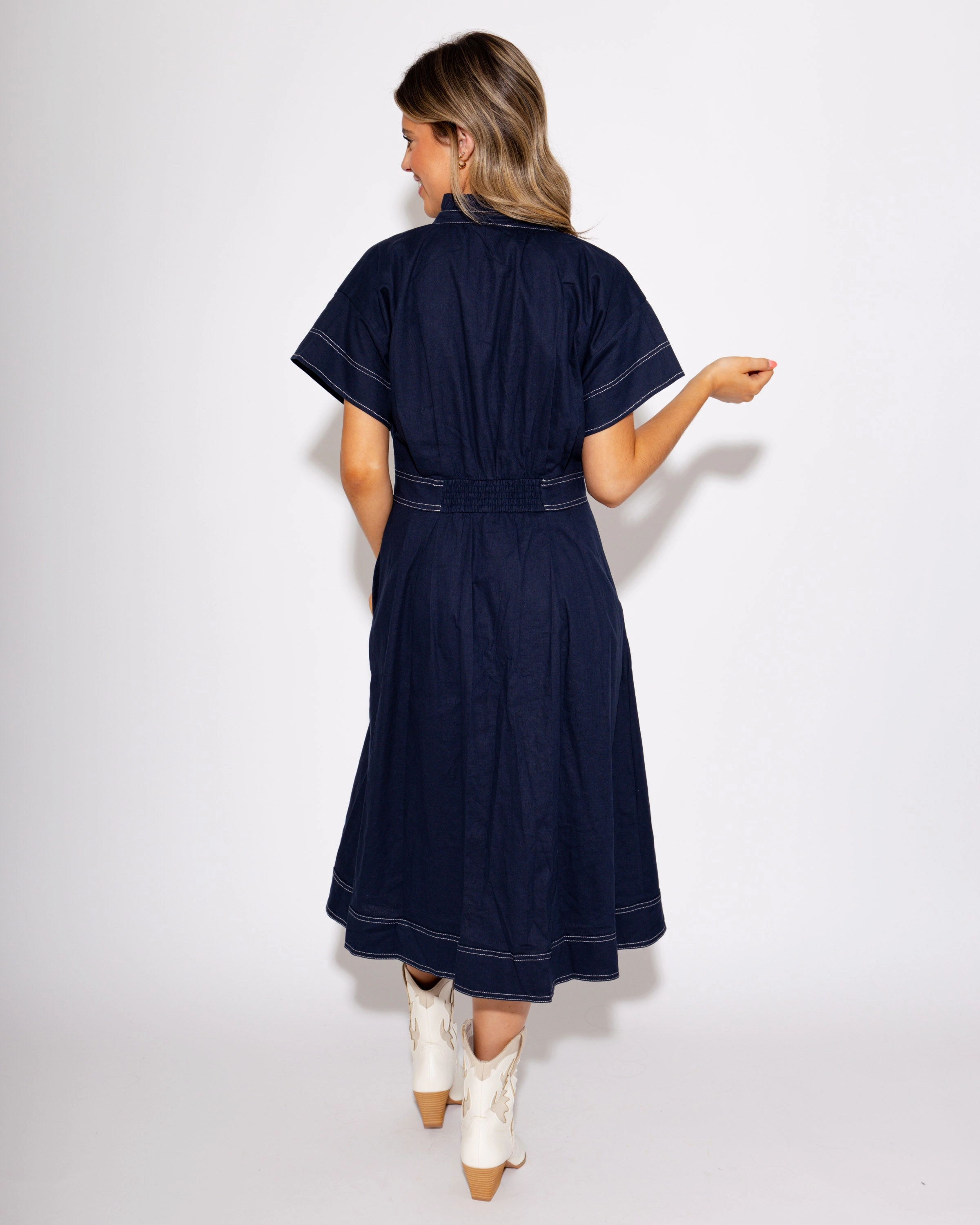 Fashionable Layers Soft Material Navy Cinched Waist Button-Down Midi Dress