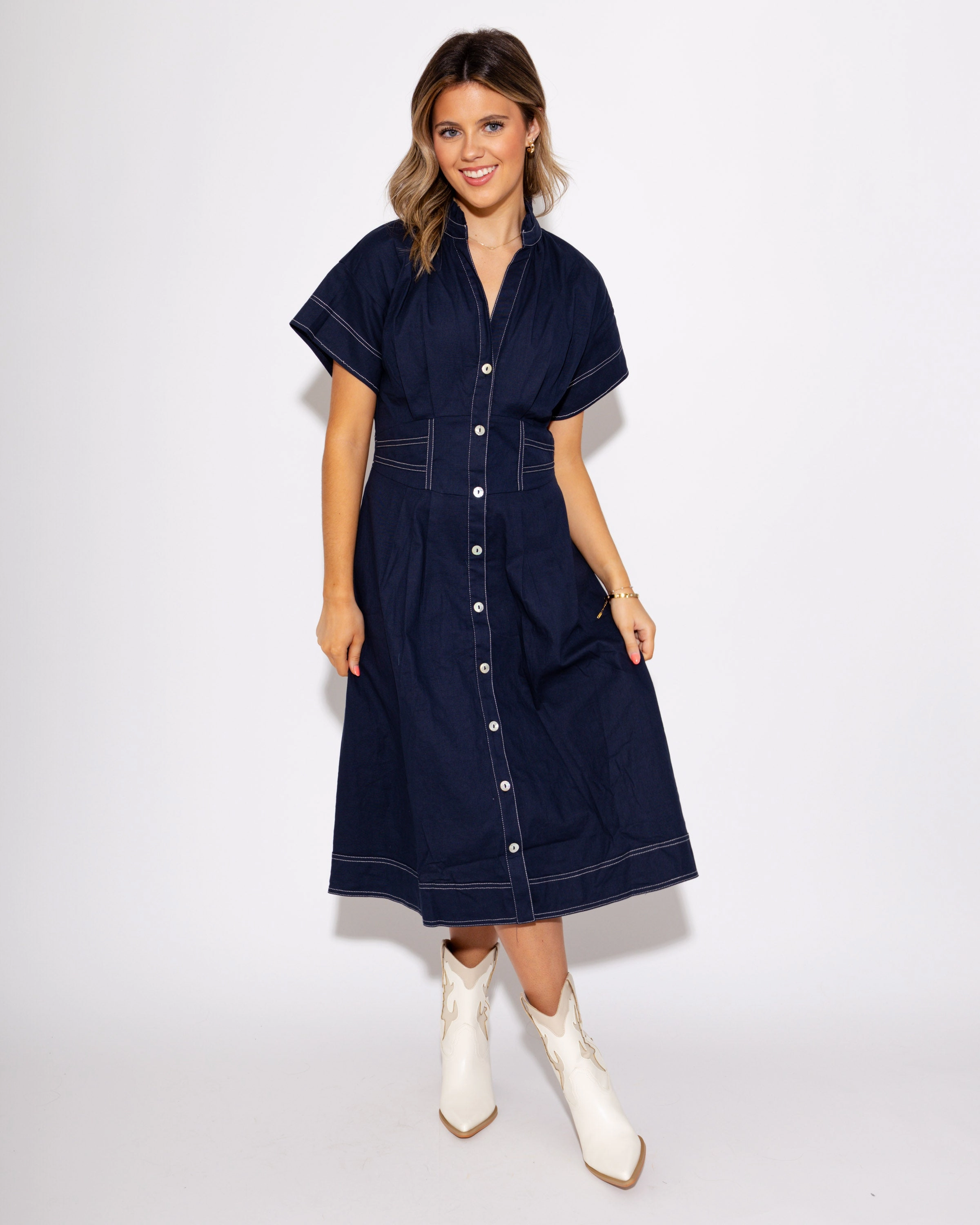 Navy Cinched Waist Button-Down Midi Dress Minimalist feel Chill Friendly