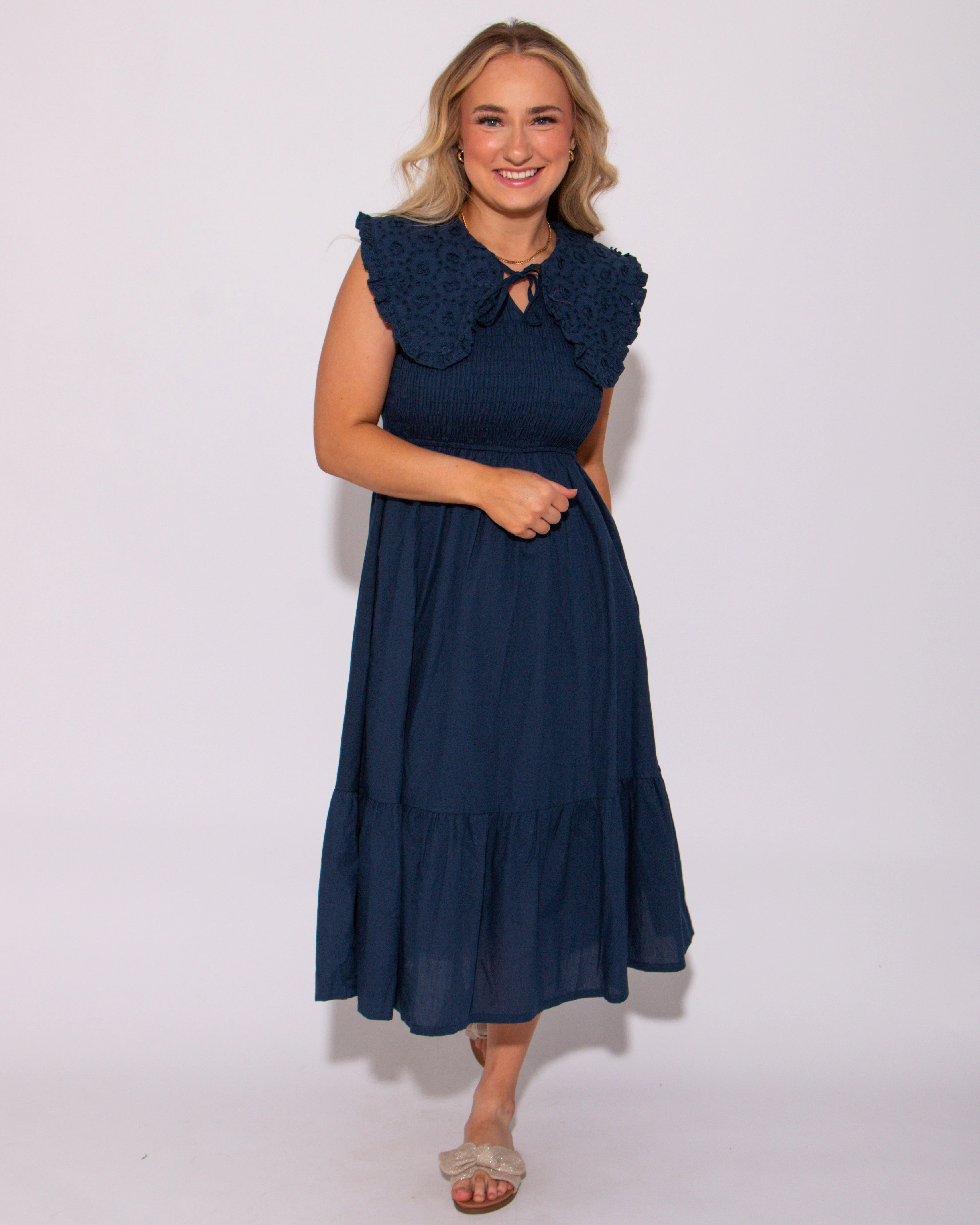 Smart Cut Navy Lace Embroidered Smocked Midi Dress