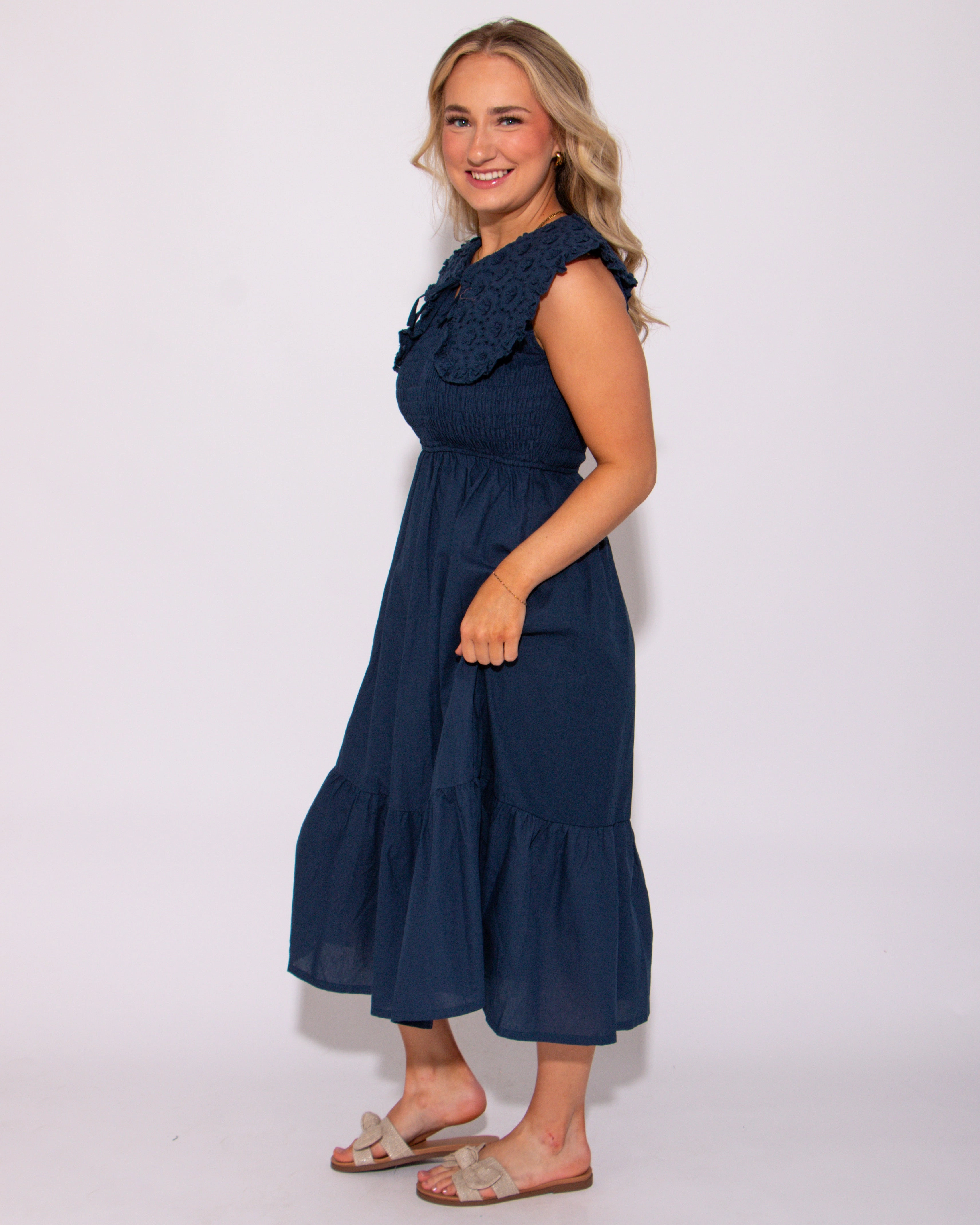 Street Vibe Pure Color Navy Lace Embroidered Smocked Midi Dress